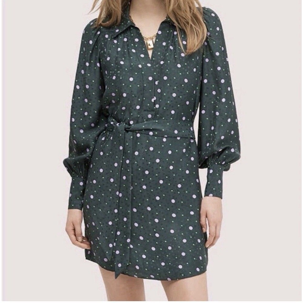 Kate Spade Women's Size M Pop Polka Dots Shirtdress Green Dress Silk Blend